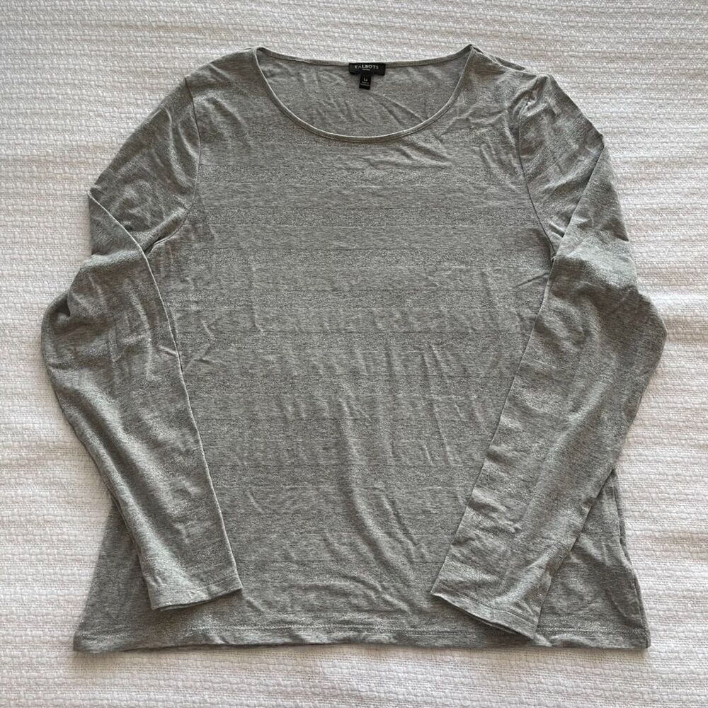 PL Talbots Long-Sleeve Gray Striped T-Shirt with Silver Metallic Thread